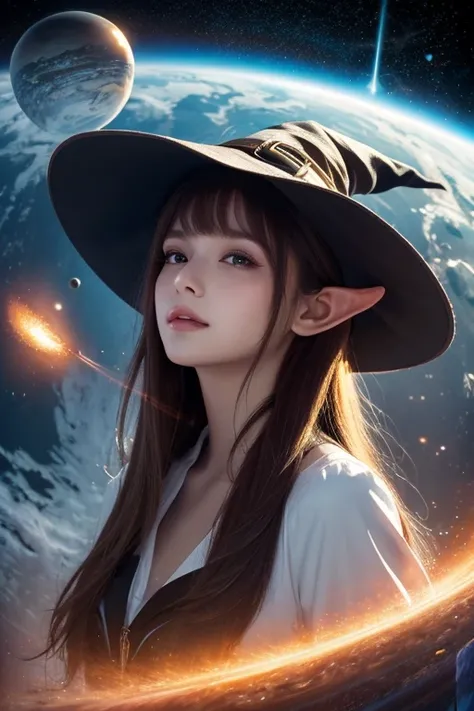  best quality ,  high resolution,  1 girl, Elf,  witch hat ,  floating in-space , Energy sphere,  light particles ,  shiny hair,   Shining Stars, Fantasy ,