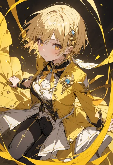  yellow costume、solo、black short pants 、く short hair、 blonde、 yellow long jacket、 yellow ribbon 、  idol costume 、 yellow long jacket 、Beautiful Absolute Realm  、black short pants 、黄色の short hair 、Beautiful Absolute Realm  、Alone、Depiction of fine eyes 、  s...