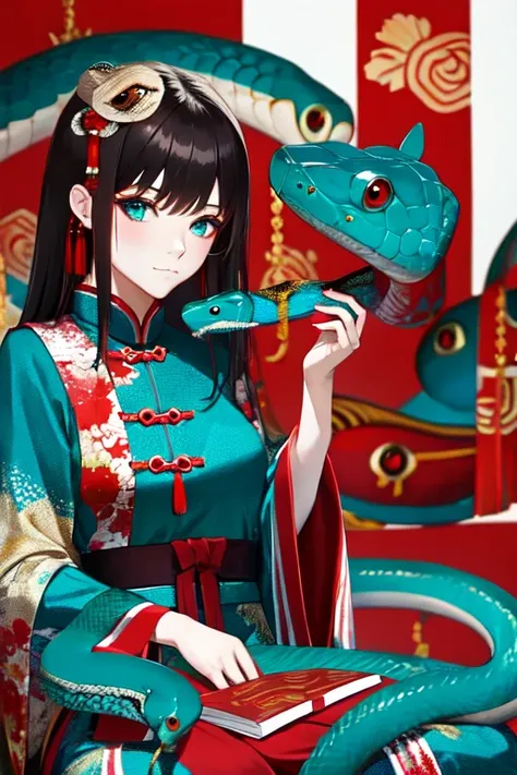 Snake cloth, snake, beautiful Chinese girl, in the new Chinese year (masterpiece, best quality:1.3), (teal) , red, white