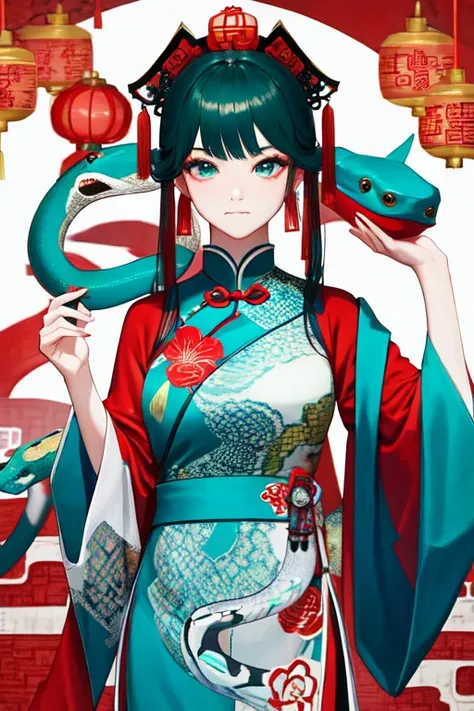 Snake cloth, snake, beautiful Chinese girl, in the new Chinese year (masterpiece, best quality:1.3), (teal) , red, white