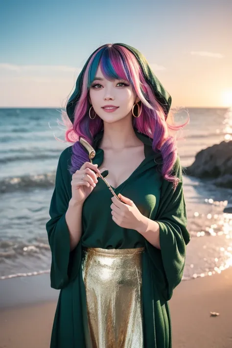  1 girl, ( iridescent hair,  colorful hair, half green and half pink hair: 1.2), , green_null,  holding a magic wand , summer (seasOn),  petals_On_liquid,  Black Hooded Robe , red and black ripped dress,  skirt : 1.2, (gold lOng curly hair: 1.5), null, Out...