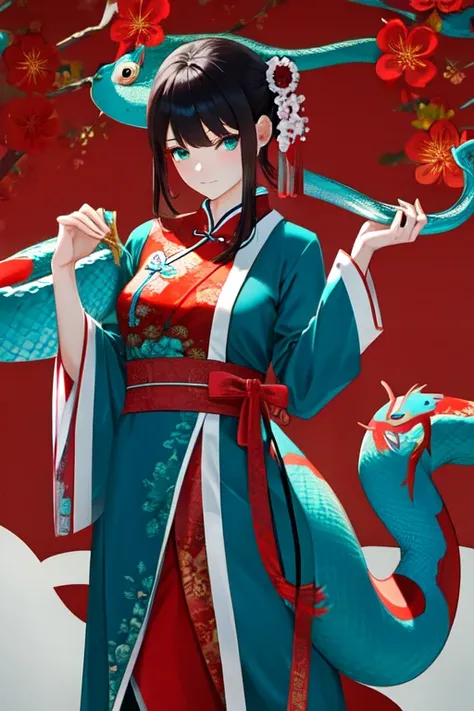 Snake cloth, snake, beautiful Chinese girl, in the new Chinese year (masterpiece, best quality:1.3), (teal) , red, white