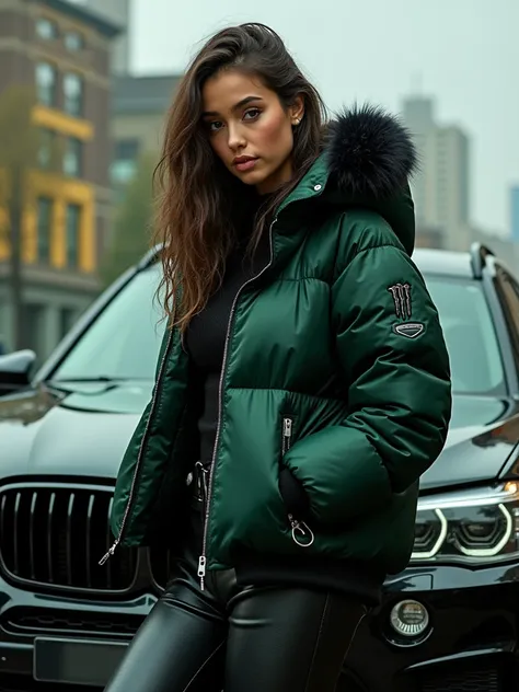    A woman in a black jacket and leather pants next to a car,   monster  girl,  bebe energia   monster  ,  energy monstruosa  ,   monster  ,   model USA jacket puffer  ,   cold as ice  ! 🧊, 🤬 🤮 💕 🎀,    monster  , Jacke Puffer, yummy ,   black and green  , ...