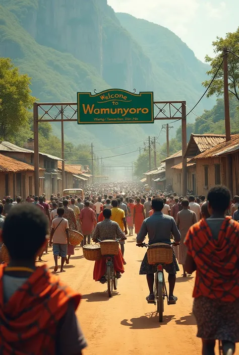 Crowd Africans other with car bicycle Walking on mountain side with sign board written welcome to Wamunyoro 