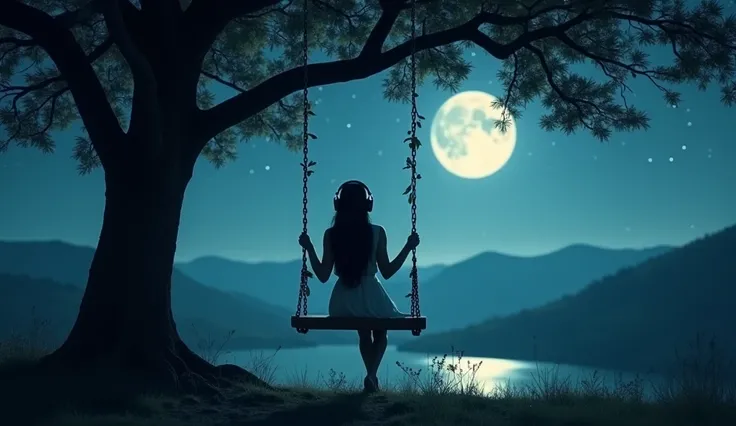 "A young woman with long black hair, wearing a simple dress, is gently swinging on a tree swing in an enchanting, moonlit landscape. She’s wearing large headphones, immersed in the music, with a calm and serene expression. The tree is silhouetted against a...