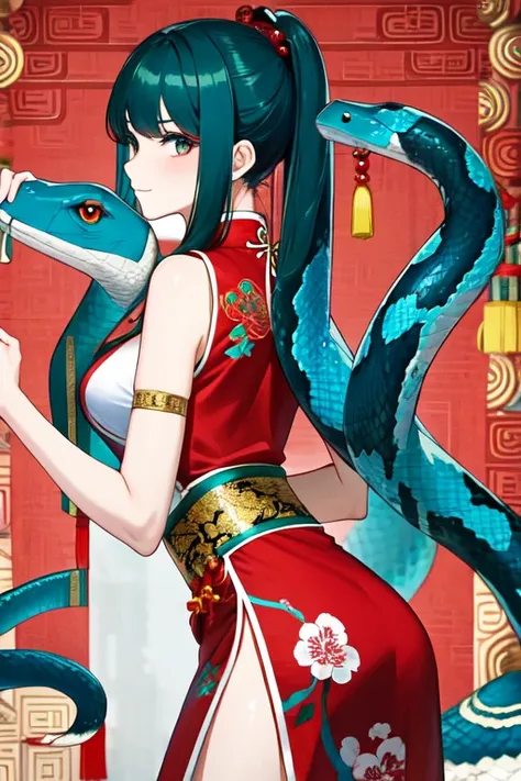 Snake cloth, snake, beautiful Chinese girl, in the new Chinese year (masterpiece, best quality:1.3), (teal) , red, white