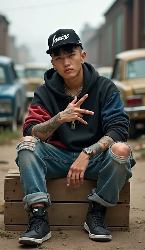  photography, A handsome korean guy, smiling thinly in front of the camera , short undercut hair , black snap hat with the inscription  "fan"  with script font , pearcing and necklace , short-sleeved bohemian hoodie with dynamic color mix,Loose ripped jean...