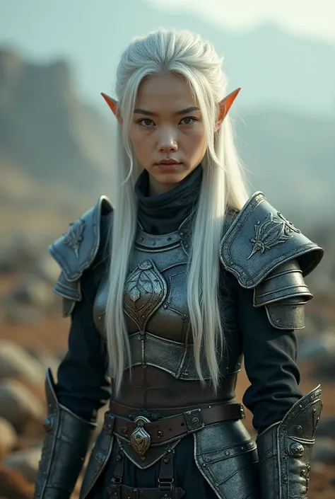 Upper body shot, Japanese woman, pointed elf ears, white skin, white hair, closed mouth, ancient elven metal armor, combat pose, dynamic pose, complex fantasy character, NSFW, cinematic lighting, fantasy, magic, detailed background, on a ravaged battlefiel...