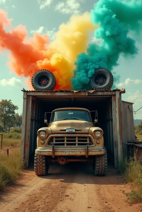 AN OLD TRUCK LEAVING A SHED WITH VIBRANT COLORS ,WITH MODERN WHEELS ON TOP OF THE SHED PASSING AMERICAN GAME WITH SMOKE IN BRAZILIAN COLORS 