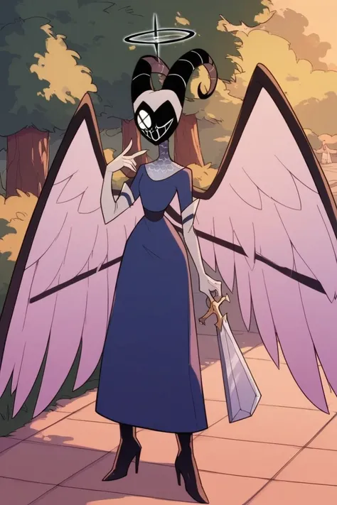 Solo, long skirt, black heels boots, blue skirt, angel wings, white gloves, long gloves, blue halo, black horns, black mask, masked,no face,  masked, horned mask, blue crossed-shaped eye, thin arms, small waist, wide hips, small butt, long legs, smile, blu...