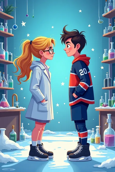  A cover of romance books between a chemistry student and a hockey player. It should be eye-catching and vectorized

Both must be on an ice rink, Where is Hockey played ,  around there must be laboratory objects thrown .  Both must face each other . 

She ...