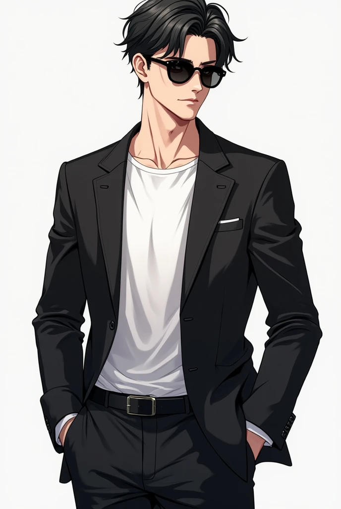 A Handsome anime boy With black suit and white t shirt and black sunglass in full body appearance