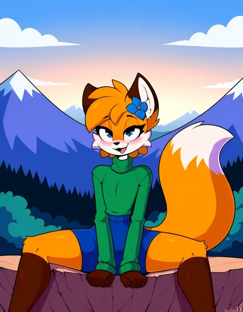 score_9, source_furry, furry, fox ears, fox tail, cute, grey slim feminine body, male, femboy, femboy makeup, fox, orange and white fur, white muzzle, fox nose, black eyes, very slender waist, outside, forest, smile, looking at viewer, tail,cliffs, mountai...