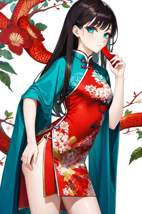 Snake cloth, snake, beautiful Chinese girl, in the new Chinese year (masterpiece, best quality:1.3), (teal) , red, white