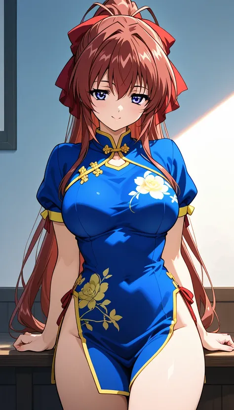  1 girl, Aoi Kanzaki, brown hair　ponytail　Red Hair Ribbon　 China Dress　　　 smiles　 slit　 seductive thighs with both hands