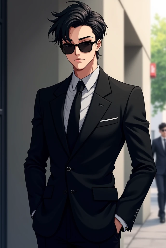 A Handsome anime boy With black suit aand black sunglass in full body appearance