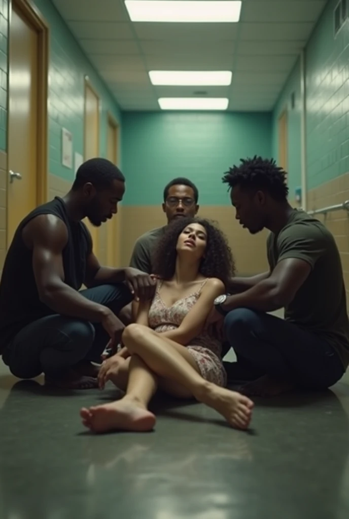 3 black men on the school bathroom floor raping a  white girl with small sized breasts with a small ass