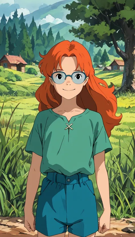 (1girl, petite, MertleEdmondsLSX), (extremely detailed CG unit 8k wallpaper),(master part), (best quality), (ultra detail), (best illustration),(ghibli_style), cowboy shot, standing, facing viewer, looking at viewer, perfect face, perfect eyes, perfect fingers, (Sharp eyeliner, ombre, detailed eyes:1), traditional media, ghibli landscapes, scenery, outdoors, grass, tree, break , upper body, solo, smile, (black eyes, orange hair, long hair, blue glasses, flat chest, green shirt, short sleeves, blue shorts)