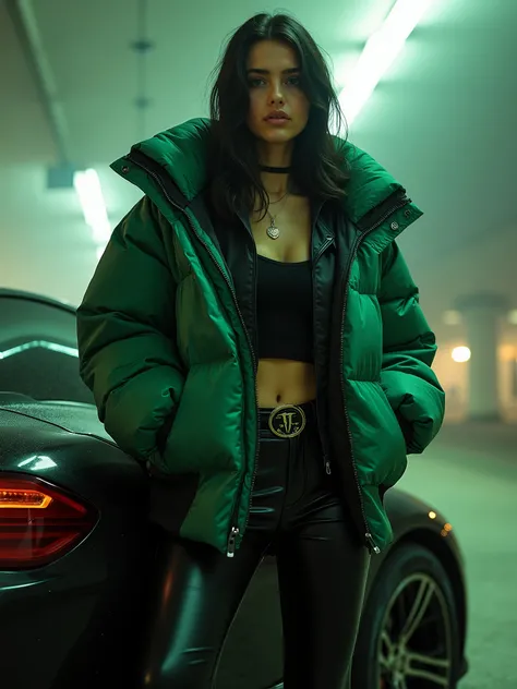    A woman in a black jacket and leather pants next to a car,   monster  girl,  bebe energia   monster  ,  energy monstruosa  ,   monster  ,   model USA jacket puffer  ,   cold as ice  ! 🧊, 🤬 🤮 💕 🎀,    monster  , Jacke Puffer, yummy ,   black and green  , ...