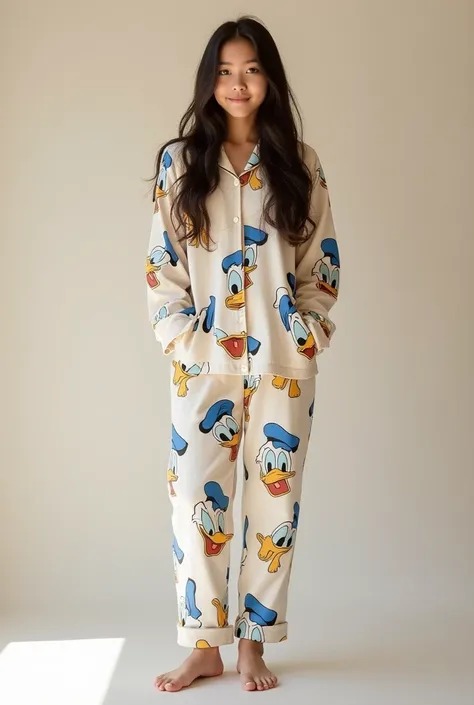 (real photo) a 19 years old teenage girl wearing pajamas donald duck characters print standing (full body)