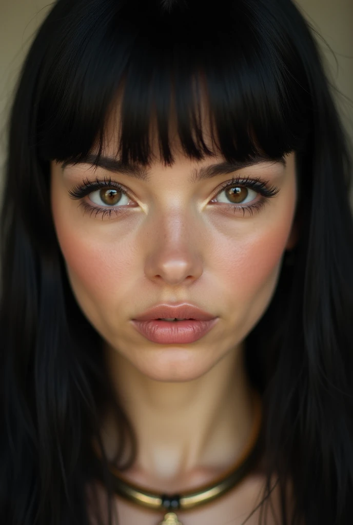 a close up of a woman with long black hair and a necklace, a picture by Mathias Kollros, shutterstock, art nouveau, black hair and large eyes, attractive female face, black hair and brown eyes, perfect face and eyes, brown hair and large eyes, straight ban...