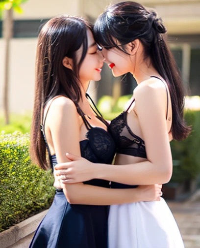  2 girls, Lovers、 hugging each other、 standing picture、 high resolution,  black hair,  long hair, Big Breasts,  smiles,  wedding dress、 mini skirt、20s、 Model Body Type、 sexy pose、 Masterpiece,  top quality,  very detailed, Intake,  blushes,  bra、 pants、 Ki...