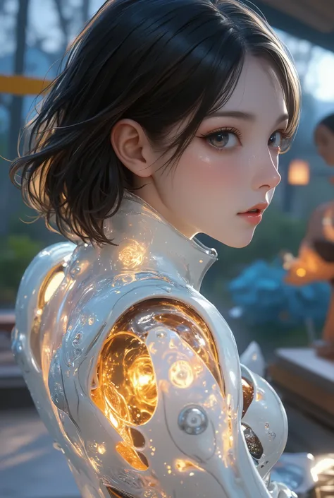  Portrait of a Japanese female android in her mid-20s made of white and silver clear glass and plastic, Geisha Makeup, Black hairstyle , Silver and gold metal internals,  Dynamic Poses,  flowing organic construction , Detailed engraving, Lace knitting desi...