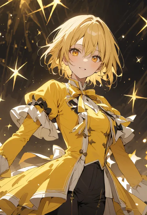  yellow costume、solo、 yellow bow tie、whole body、black short pants 、く short hair、 blonde、 yellow long jacket、 yellow ribbon 、  idol costume 、 yellow long jacket 、Beautiful Absolute Realm  、black short pants 、黄色の short hair 、Beautiful Absolute Realm  、Alone、...