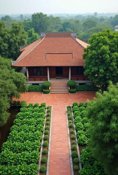 Type: One-story traditional house

Location: Northern delta region

Roof: Red terracotta tiles, double-sloped

Structure: Rectangular, red brick courtyard

Surroundings: Green trees, peaceful pond

Garden: Neat vegetable rows

Materials: Wood, brick, terra...