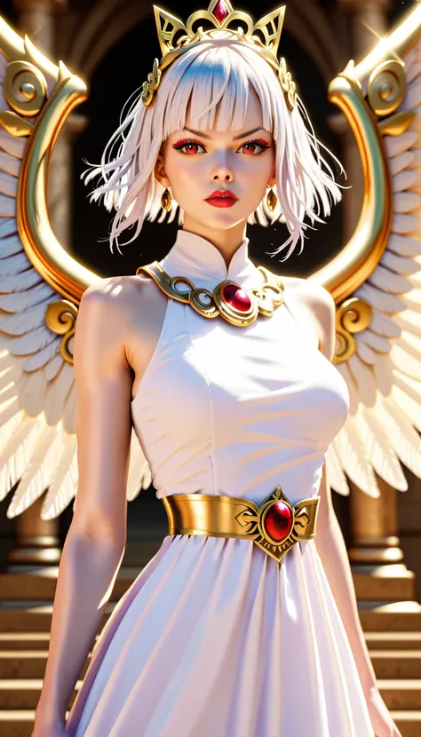 1 ,   alone,   masterpiece,   high quality,  ultra realistic, silky hair,  illuminated white hair fringe ,, intense red eyes , goddess,  long white dress ,  sleeveless , golden crown on the head, jewelry,  red lipstick,  a strong aura surrounding her ,  wi...