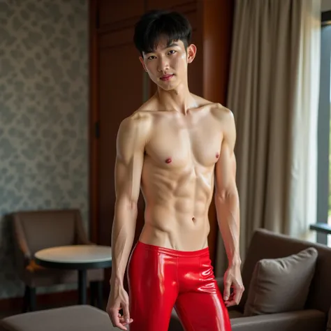 Create a highly detailed, photorealistic full-body portrait of a handsome, adorable young Korean gay male aged 21 with a crew-cut hairstyle and pale skin. He has an athletic build, visible chest hair, and visible pubic hair. His hands are relaxed along wit...