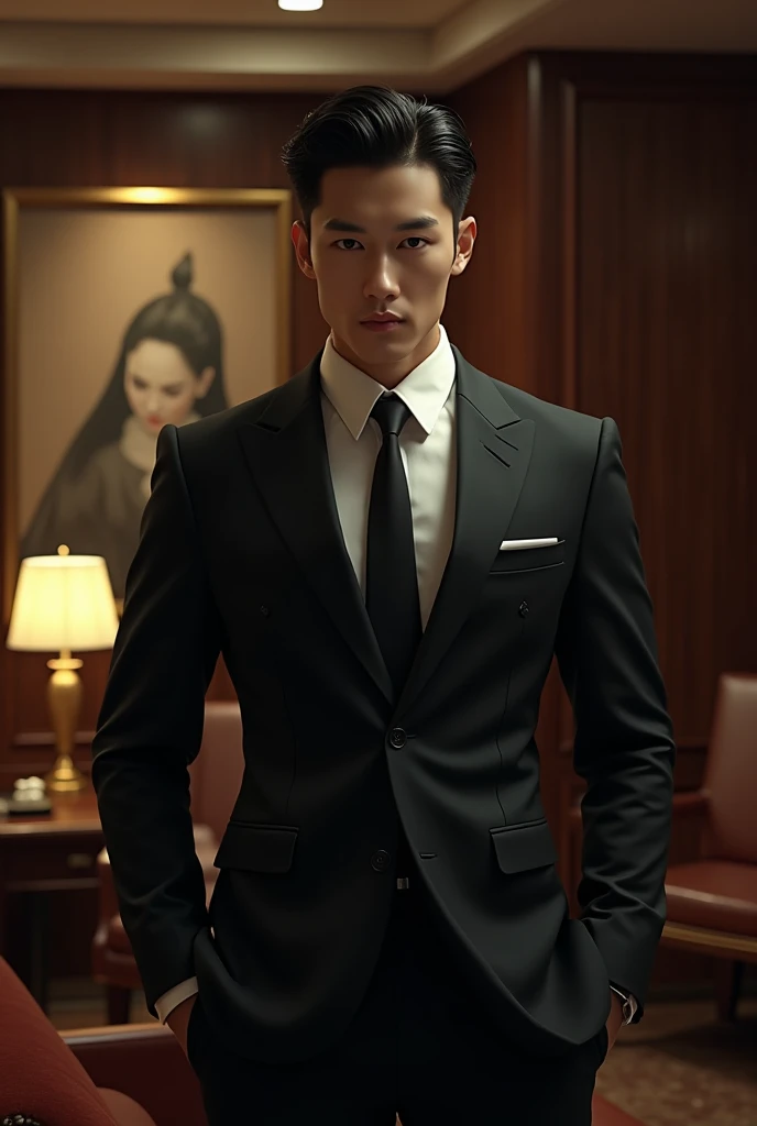 A young Korean, handsome man, who belongs to the Korean mafia. he is muscular, stands and wears a suit. He is standing in a luxurious office. 