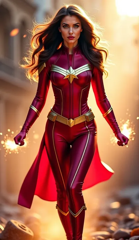 Full body photorealistic shots of beautiful and gorgeous brown hair age Pakistani Avengers Ms. Marvel,,Wearing a red silk sexy super hero costume with gloves and belt and knee high boots. Levitate into the air with plenty of power surge around. Her eyes ar...