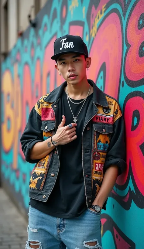  photography,A handsome Korean guy smiling in front of the camera, short undercut hair , black snap hat with the inscription  "fan"  with script font , pearcing and necklace , short-sleeved bohemian jacket with dynamic color mix ,Loose ripped jeans ,jordan...