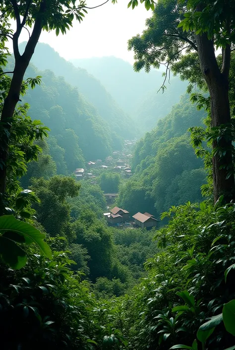 A lush, vibrant Amazon jungle with dense trees and mist, a small village in the distance with traditional huts. The scene should have rich greenery and exotic wildlife peeking through the trees, showing the harmony between nature and humans."