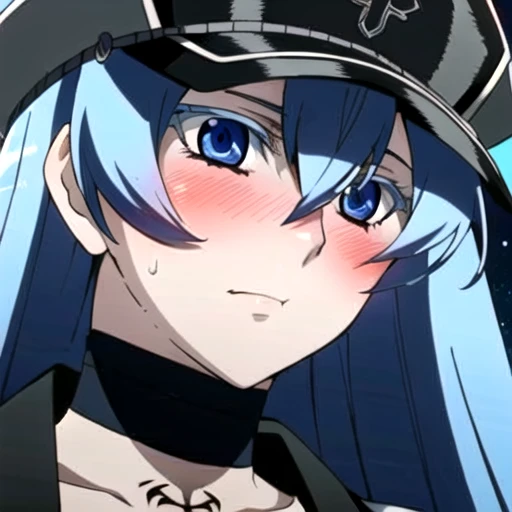 Esdeath, (aroused facial expression), closed mouth, blush, sweat, breasts, large breasts, (hat), cleavage, choker, hair between eyes, (uniform), military, (military uniform), tattoo, (peaked cap), chest_tattoo, (simple dark background), looking up, view fr...