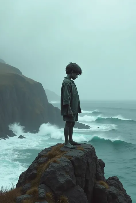 (A wallpaper like .....A heartbroken boy’s statue stands on a rocky mountain by the sea 