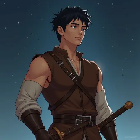 Realistic image of an adult guy with black hair in brown sleeveless leather clothes. Fine bristles on the face.  Blue eyes. He stands with a sword and a half in his hands in a protective stand. starry sky background . The style is realistic.
