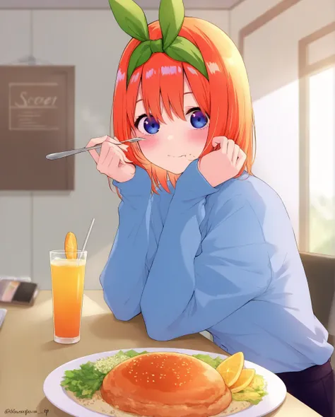  top quality、 Masterpiece、 1 girl、 The Quintessential Quintuplets、Nakano Yotsuba、 orange hair 、Eating dinner in the dining room