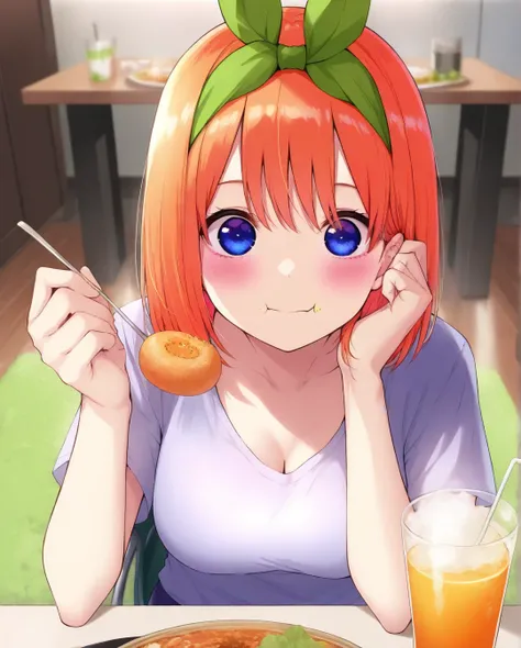  top quality、 Masterpiece、 1 girl、 The Quintessential Quintuplets、Nakano Yotsuba、 orange hair 、Eating dinner in the dining room