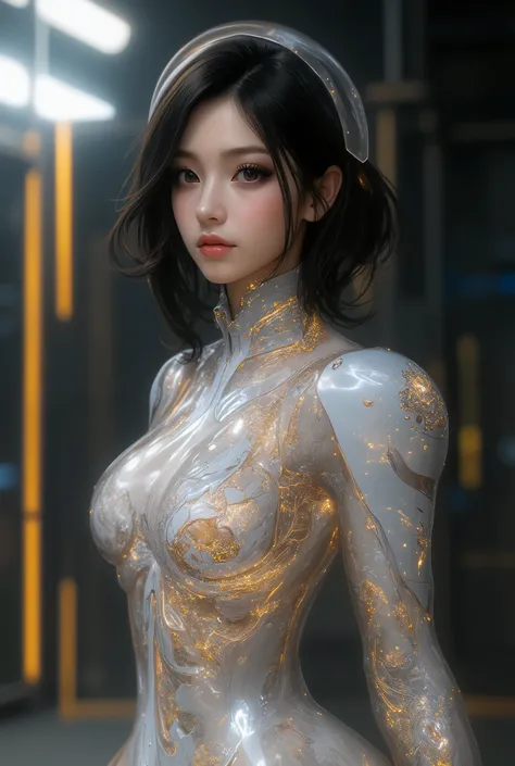  Portrait of a Japanese female android in her mid-20s made of white and silver clear glass and plastic, Geisha Makeup, Black hairstyle , Silver and gold metal internals,  Dynamic Poses,  flowing organic construction , Detailed engraving, Lace knitting desi...