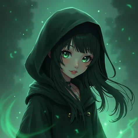  anime hooded girl covered in mist, green and black colors,  cheeky look ,  long hair