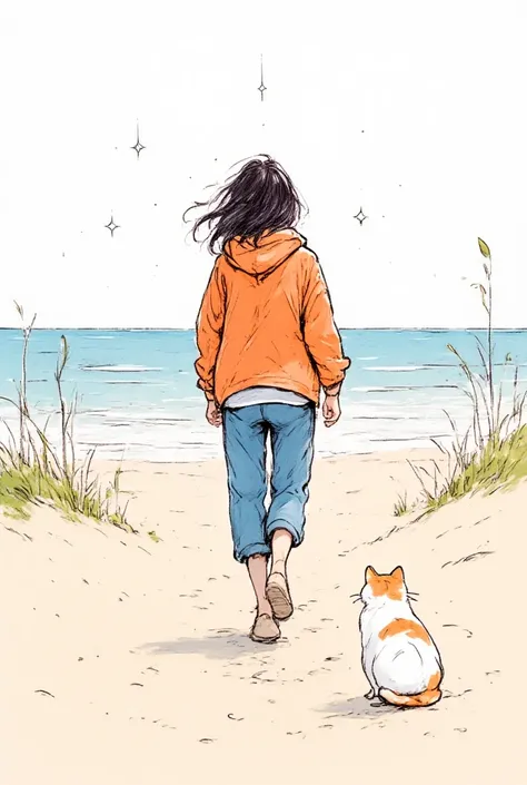 Masterpiece, illustration,   vector art,    little characters ,  Japanese ,   1 girl,  shortcuts,   black hair,  detailed face, ORANGE JACKET ,  white Y shirt,blue pants  ,(Back view of a woman walking on a sandy beach and a calico cat :2.0),( The sparklin...