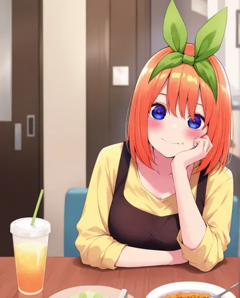  top quality、 Masterpiece、 1 girl、 The Quintessential Quintuplets、Nakano Yotsuba、 orange hair 、Eating dinner in the dining room