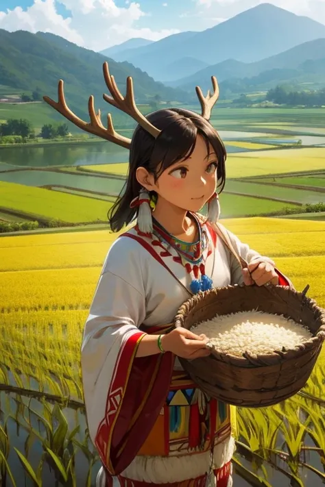    Native American、Navajo tribe   、Decoration、   the pendant top is a deer antler、 Do you take the horn of a horn   、 レザーでDecorationされた 、Rice Field、Rice Harvesting、 lots of people、  sounds fun、