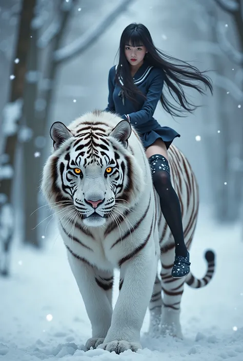 A large white tiger with glowing amber eyes, thick fur covered in snowflakes, walking gracefully through a snowy forest, a beautiful Japanese woman with long black hair, wearing a short school uniform and thigh-high stockings, riding on its back, her legs ...