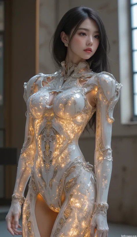  Portrait of a Japanese female android in her mid-20s made of white and silver clear glass and plastic, Geisha Makeup, Black hairstyle , Silver and gold metal internals,  Dynamic Poses,  flowing organic construction , Detailed engraving, Lace knitting desi...