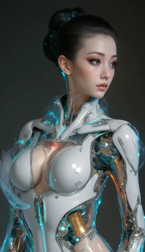  Portrait of a Japanese female android in her mid-20s made of white and silver clear glass and plastic, Geisha Makeup, Black hairstyle , Silver and gold metal internals,  Dynamic Poses,  flowing organic construction , Detailed engraving, Lace knitting desi...