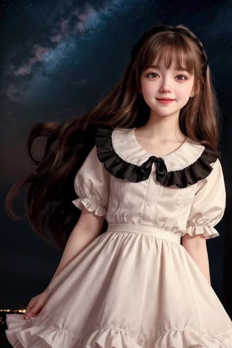 Dramatic light, straight angle, big black eyes, pretty and cute  girl, smile, pale white skin, rosy cheeks, wavy messy brown hair, black lolita dress, flared skirt, night sky view, stars