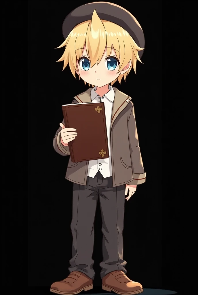  anime style illustration,  background is black, whole body,  Platinum Blonde Haired Boy, choir, I have the Bible in my hand ,  I'm wearing a beret, simple leather shoes, Light blue eyes, nose, ( top quality,4K,8k, high resolution, Masterpiece:1.2), Super ...